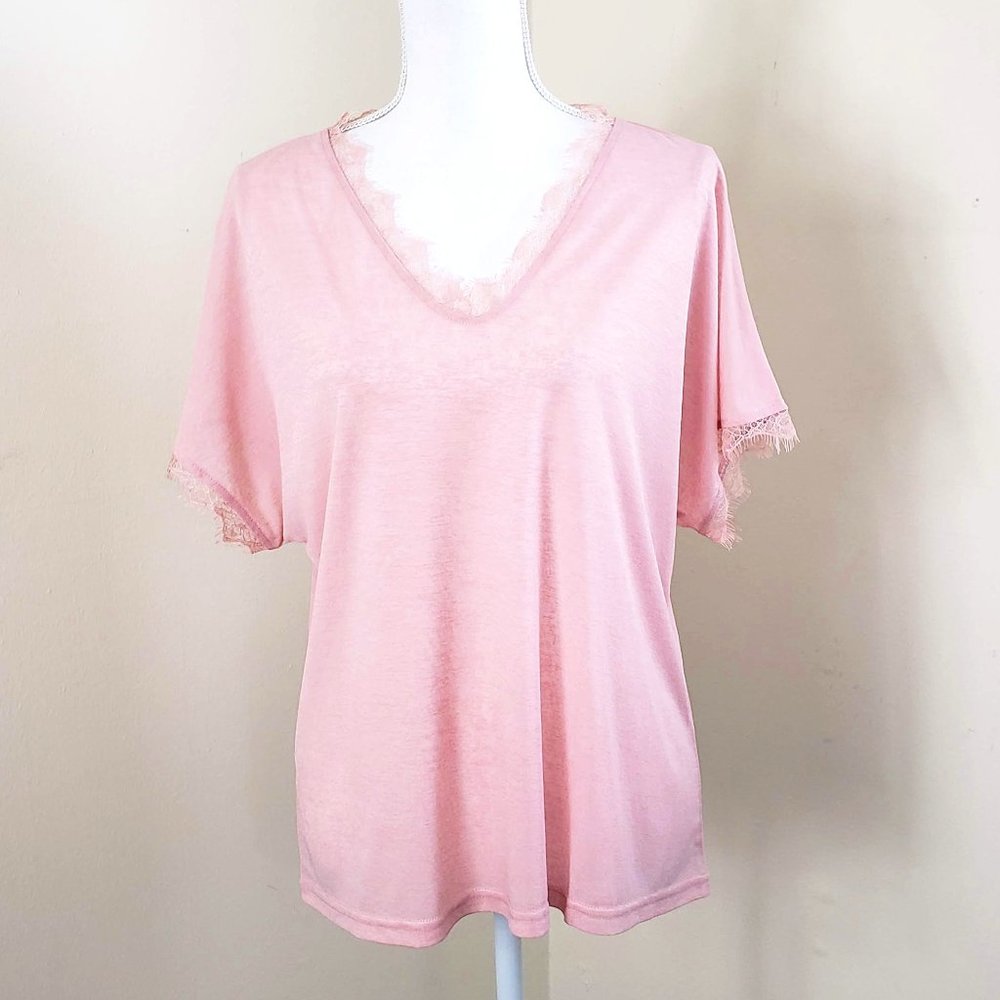 Belinda Eyelash Lace Trim Short Sleeve Top Large
